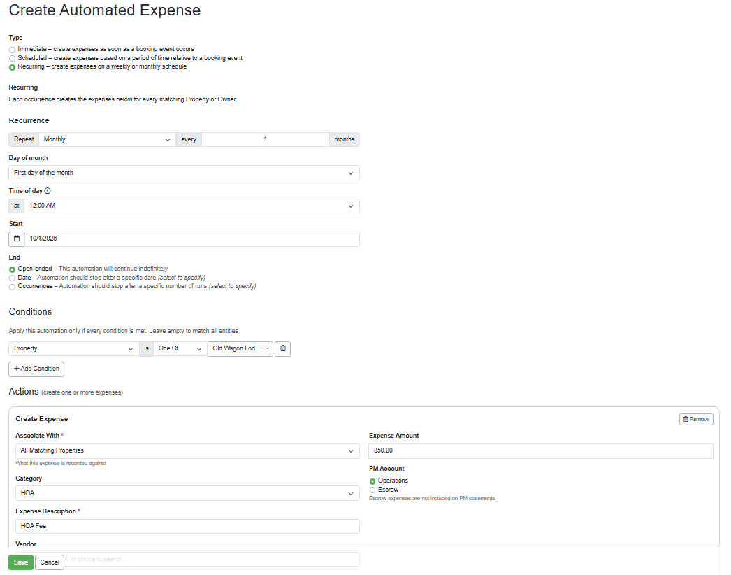 Configure a monthly HOA fee using the following settings.