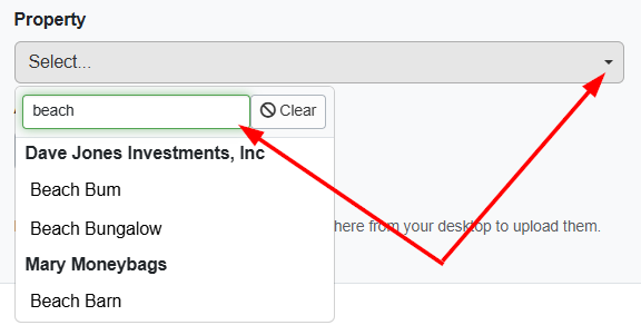 Another example of a single-select type-ahead search appears in the Tasks > Add Task > Property dropdown list.
