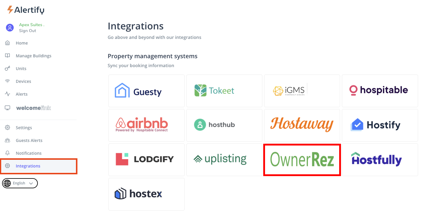 Log in to your Alertify dashboard account and navigate to Integrations > OwnerRez.