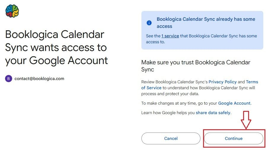 Then Authorize Booklogica to access your Google Calendar.