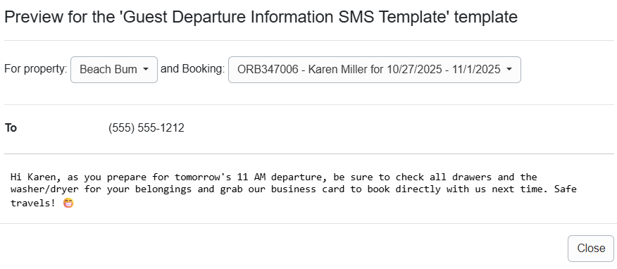 Guest Departure Information SMS Template Preview