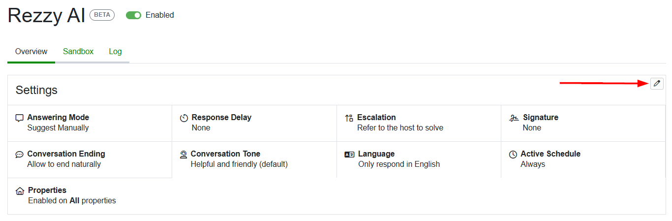 Configure your Rezzy AI settings by clicking the pencil icon in the upper right to make adjustments. This will instruct Rezzy on your desired tone and policies and establish boundaries for responses.