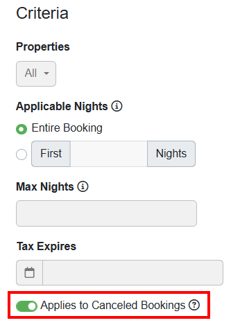 Users can apply canceled booking criteria to their individual sales taxes by navigating to Settings > Taxes > your Taxes > Criteria >&nbsp;Canceled Bookings, then selecting Still applies or&nbsp;Does not apply. The default is Applies to Canceled Bookings.