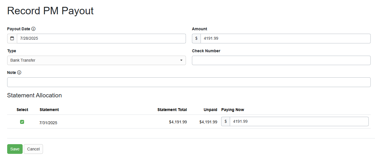 As part of your Owner and PM Statement processes, you can also record your payment from your 