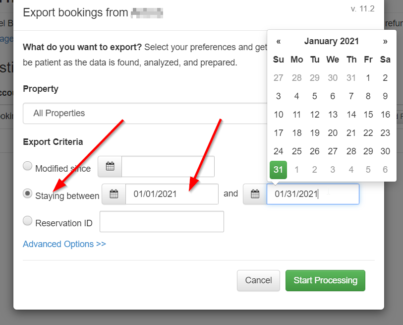 First, use the Staying Between option - like this, for the month of January, for instance: