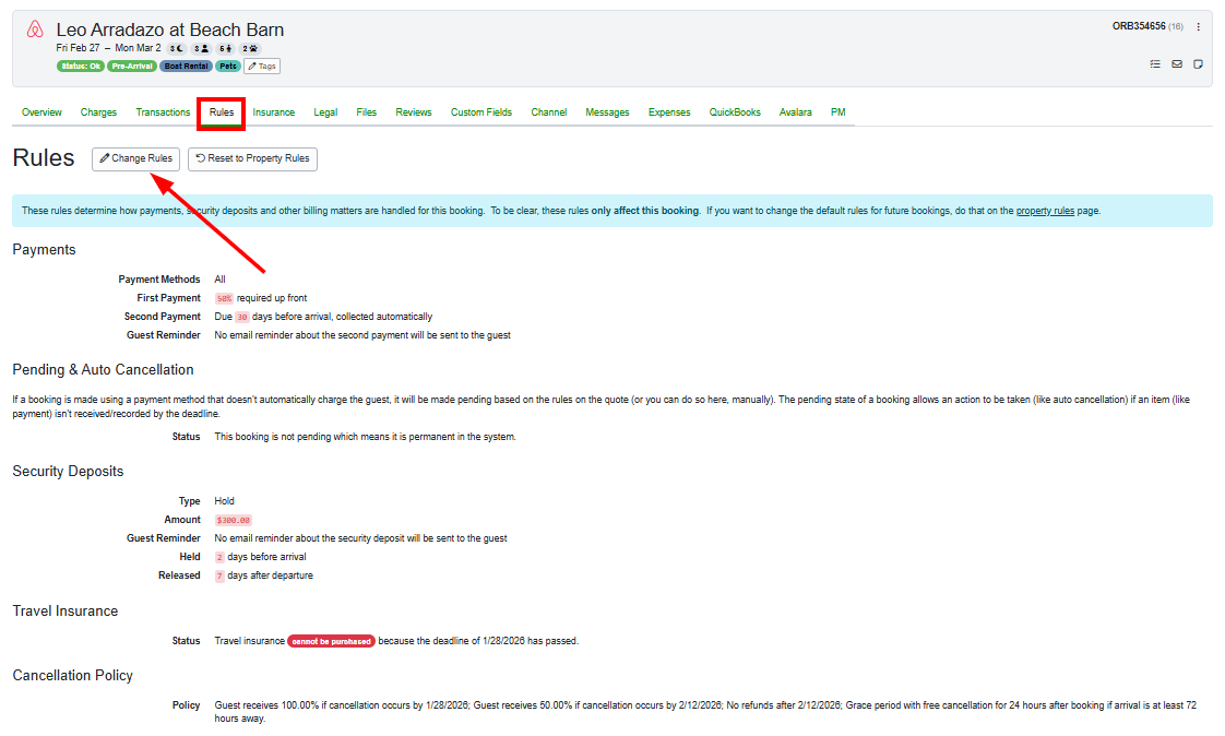 You can change Rules for individual bookings by navigating to that specific Booking and selecting Rules > Change Rules.