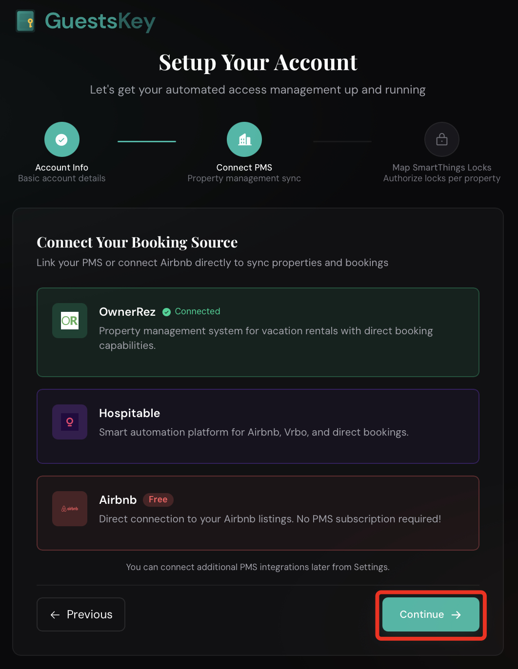 Once successfully connected, you will be redirected back to GuestsKey. Click 