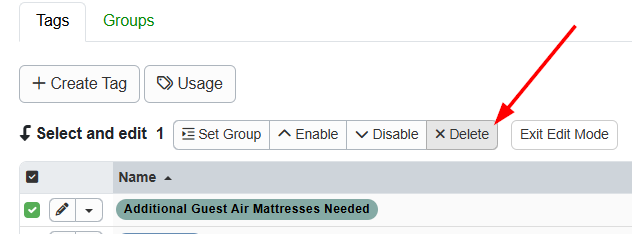 Select the Tag you want to disable by checking the checkbox, then click Delete.