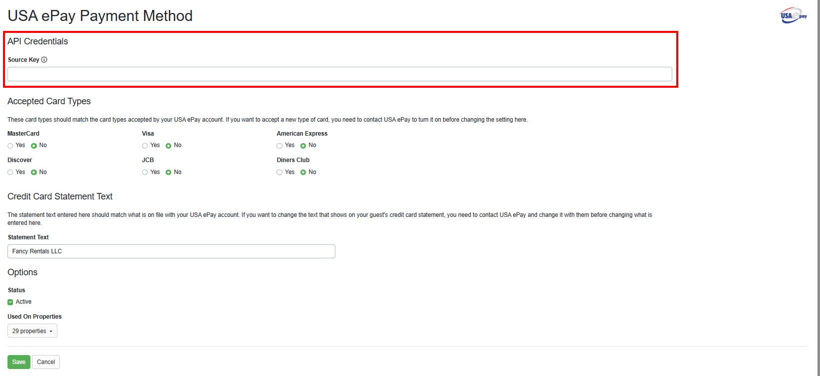Once you've added the USA ePay payment method in OwnerRez, you will notice that we ask for your Source Key. USA ePay will provide this.