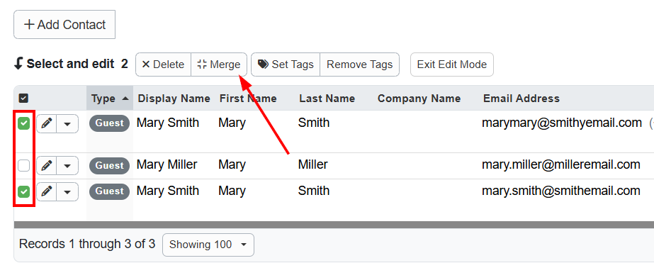 In the Contacts section, select the Guests that you want to merge, and click Merge.