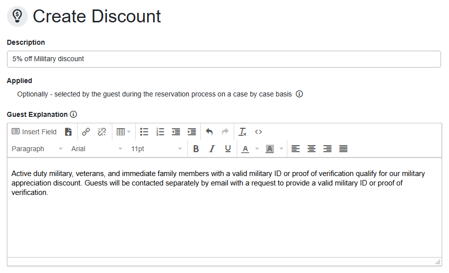 On the Create Discount page, enter the discount Description and Guest Explanation displayed to the guest during the booking process.