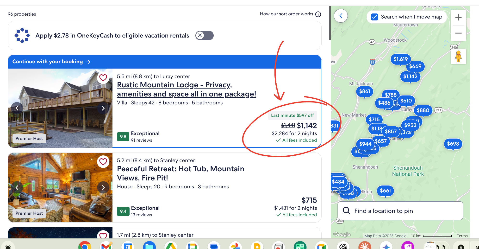 The Vrbo search-results page, showing listings side by side