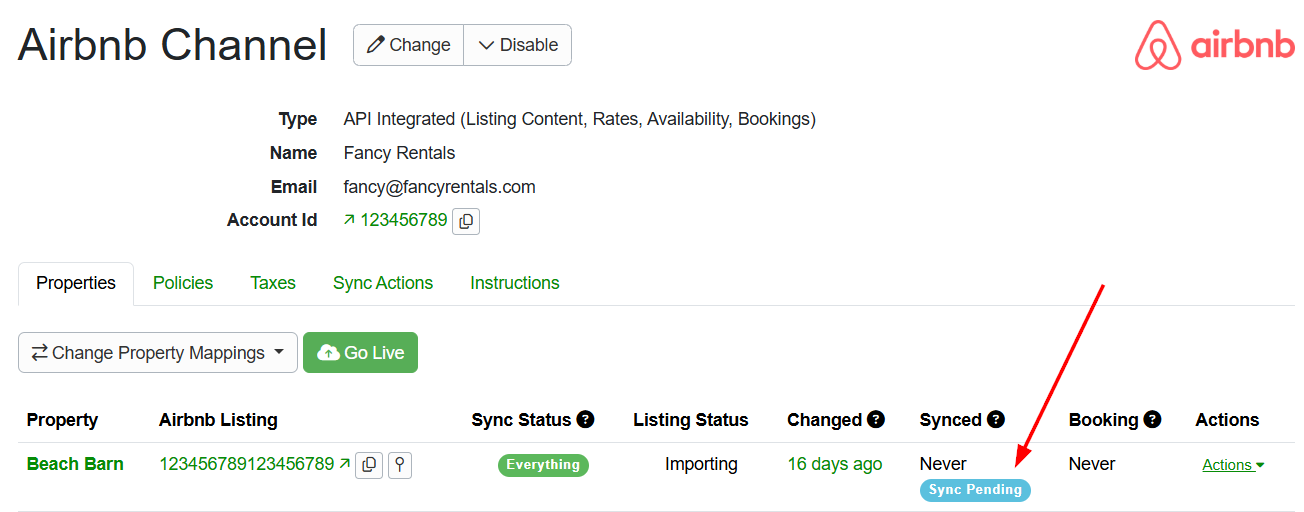 After saving, your Airbnb Channel integration will display your listing with a Sync Pending status.