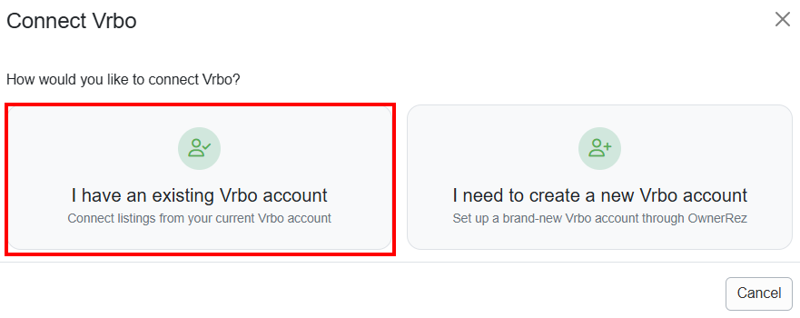 On the Connect Vrbo pop-up, select I have an existing Vrbo account.