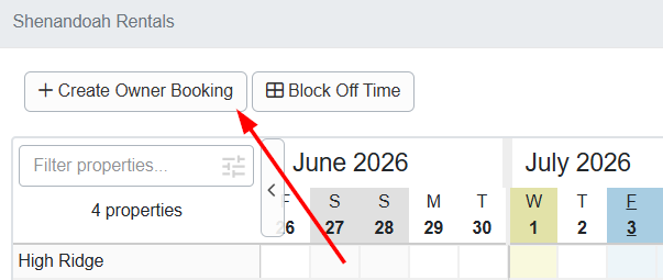 Once PM users have granted Team Access > Owner Booking permission to individual owners, owners can create their own bookings on their Owner Portal by navigating to their Calendar and clicking on the + Create Owner Booking button.