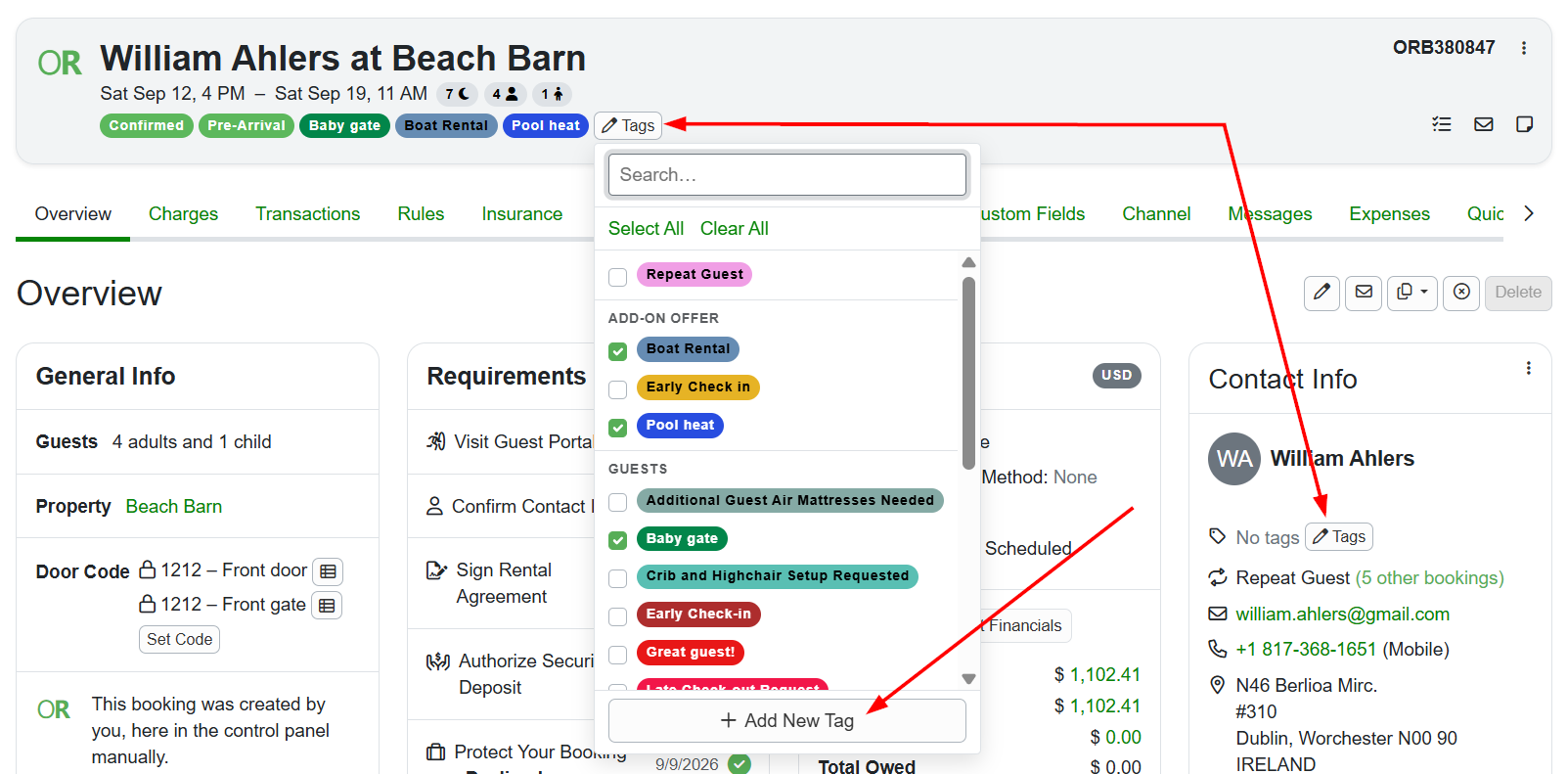 Users can create new tags in the Booking Overview by clicking either the Booking Header or the Contact Info Tags button, then selecting + New Tag.