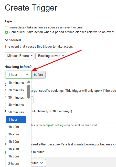 When Minutes before or after are selected, you can specify how many minutes,&nbsp;in 10-minute increments, before or after the event you want your message template sent by your trigger.