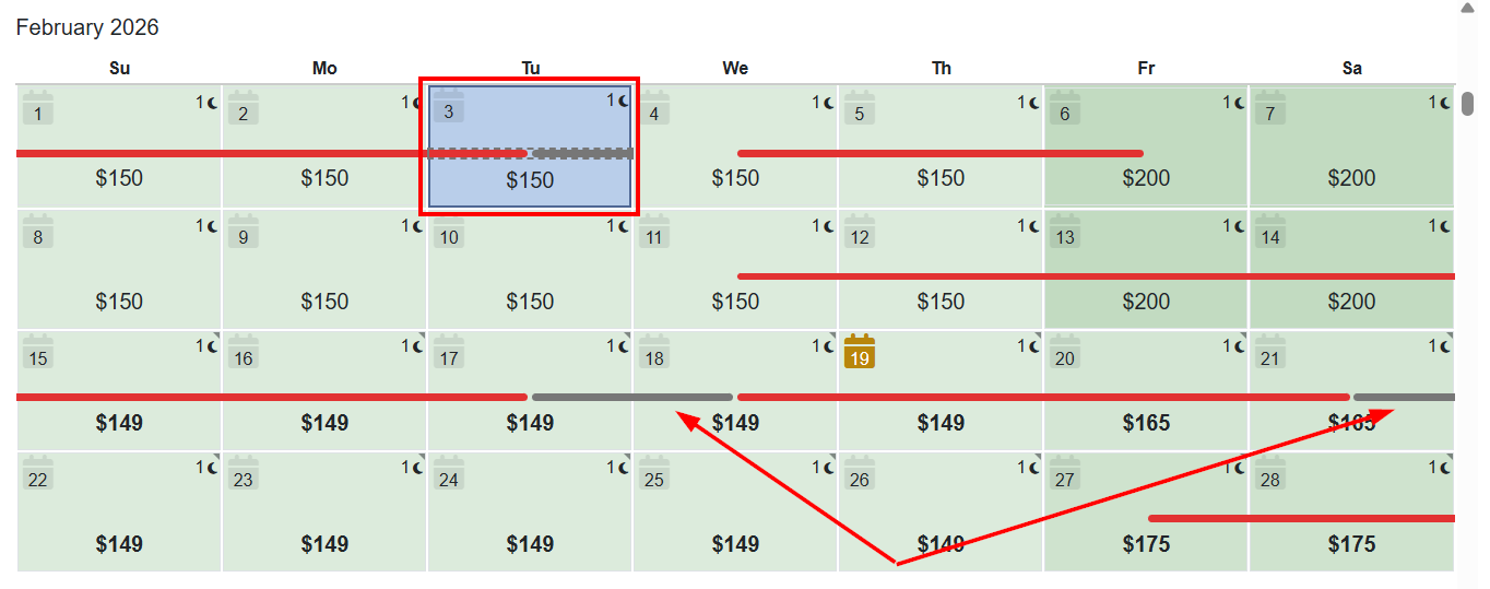 Rule restrictions, such as gap rules or arrival/departure restrictions, are marked with a&nbsp;gray&nbsp;line to distinguish them from true blocks and bookings. Gap required (no same-day changeover) is indicated with a bold gray chain-like line.