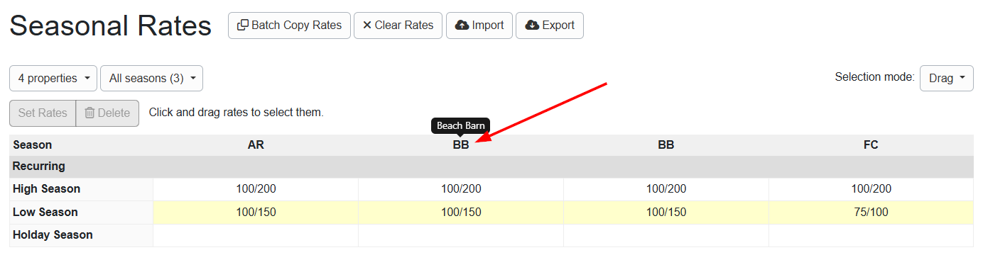 All properties will be listed in an abbreviated format grid pattern. Hovering over the Abbreviated Properties will display the property name, in this case, Beach Barn.