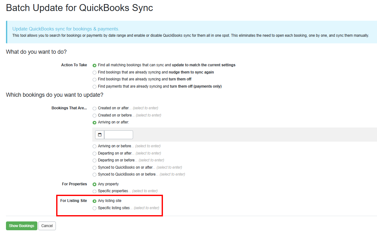 With our December 3rd release, we added a Listing Site filter to the&nbsp;Batch Update&nbsp;for QuickBooks Sync, allowing users to refine their Batch Update for QuickBooks Sync based on specific listing sites, such as Airbnb and Booking.com.
