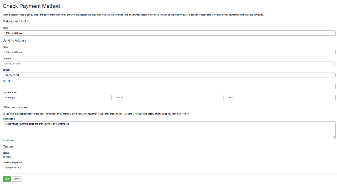Check Payment Method that allows you to enter check instructions for your guests.