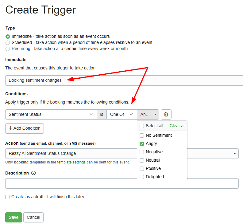 Rezzy AI Sentiment Status Change Trigger Preview