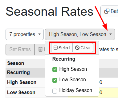Use the Seasons dropdown list to select which seasons appear in the Seasonal Rates table, and use the Select button to select all or the Clear button to deselect seasons.