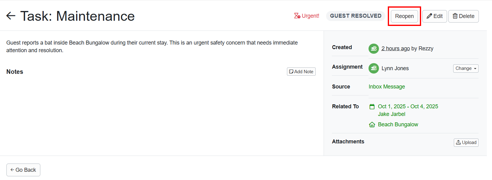 Within the completed task, you can reopen it by clicking the Reopen button.