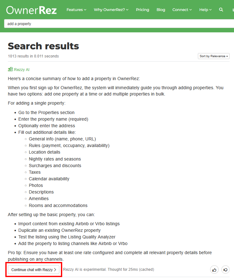 When searching Rezzy AI, not only will search results include detailed how-to summaries, but you'll also have the opportunity to continue your chat with Rezzy to receive account-specific information by clicking on Continue chat with Rezzy.
