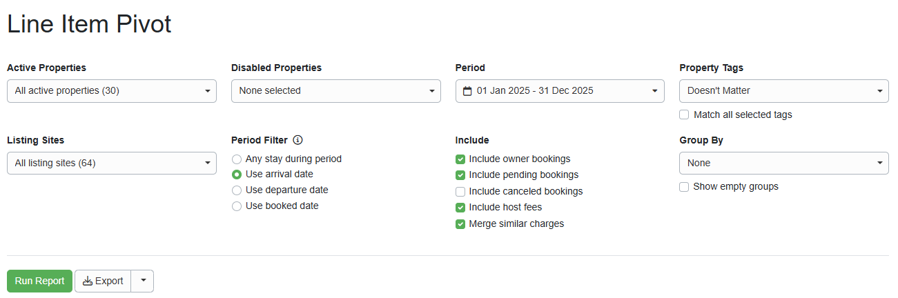 Create your Line Item Pivot report by navigating to Reports > Detail Reports > Line Item Pivot, selecting from the following fields, and clicking on Run Report.