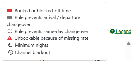 Clicking the Legend link above the calendar, in the upper right-hand corner, displays a handy legend tooltip detailing some calendar icons.