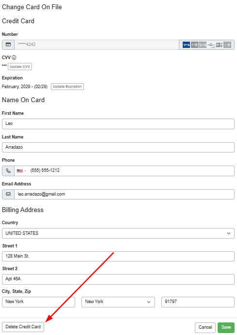 Scroll to the bottom of the&nbsp;Change Card On File&nbsp;pop-up window and click&nbsp;Delete Credit Card.
