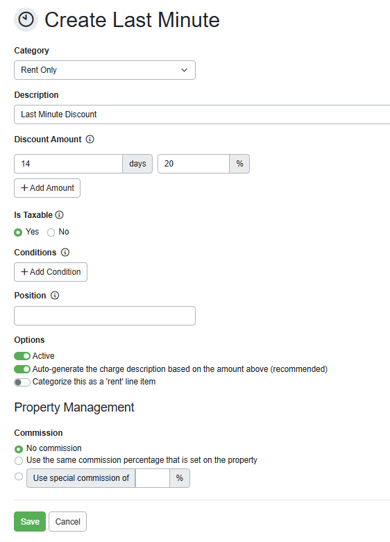 On the Create Last Minute page, select the appropriate Category, enter the Description, and Discount Amount.