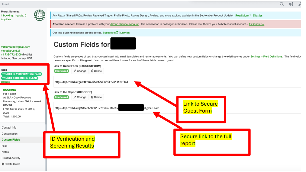 Accessing the Secure Link to the Guest Form on Your OwnerRez Dashboard: On your OwnerRez dashboard, navigate to Guest Record -> Custom Fields to view all relevant information conveniently compiled in this section. Following a confirmed booking or the generation of an inquiry/quote in OwnerRez, a secure link to a pre-populated Guest Form is automatically created, as illustrated in the screenshot below. You are required to send this guest form to your guest so they can provide their date of birth. Once the guest completes the form, ID Verification (if enabled) and guest screening are conducted, with results updated in the same area under Guest Record -> Custom Fields.