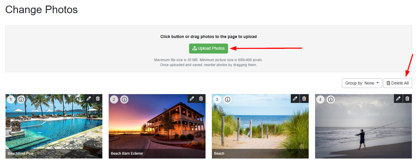 If users have images saved on their computer, they can navigate to Properties - specific Property - Listing Content - Photos - Upload Photos. Users can add images saved on their computer by clicking Upload Photos, and delete existing photos by clicking Delete All.