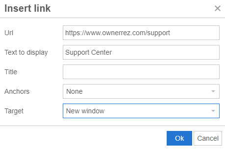 The Insert Link pop-up allows you to add or edit the link text to display the actual link and the target.