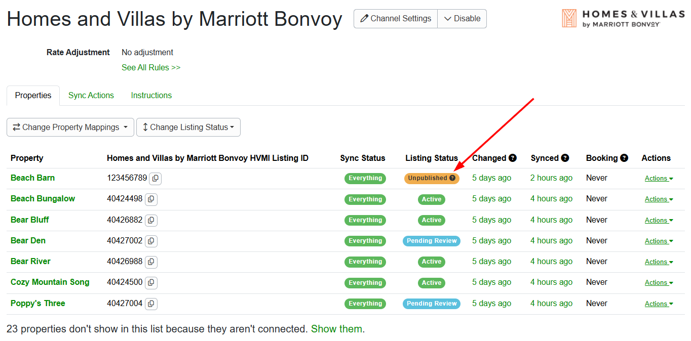 Your unpublished property will be listed in the&nbsp;Homes and Villas by Marriott Bonvoy Properties tab grid with the Listing Status Unpublished label.