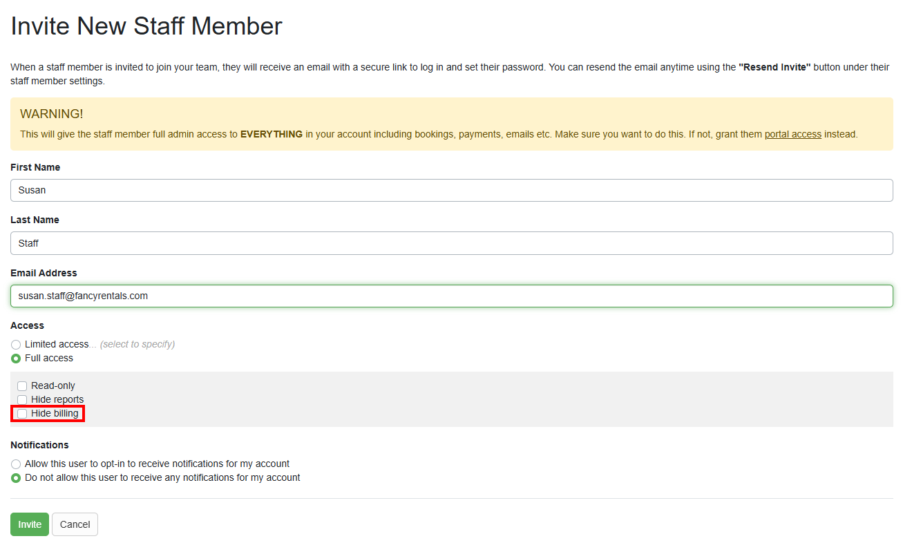 Previously, Team Access staff users with Full Access permission couldn't view billing information. Now, with our August 20th release, OwnerRez account owners can choose whether staff users with Full Access can view billing information by toggling the new 