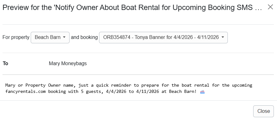 Notify Owner About Boat Rental for Upcoming Booking SMS Template Preview
