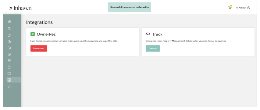 Confirmation: Once the authorization is complete, you'll be redirected back to manage.inhaven.com with a success message.  If you see an error message instead, please repeat the process. When you see the success message, the OwnerRez integration with Inhaven is complete.