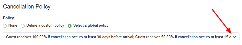 Different options will be available depending on the initial selections you make in the Cancellation Policy section. The default selection is 
