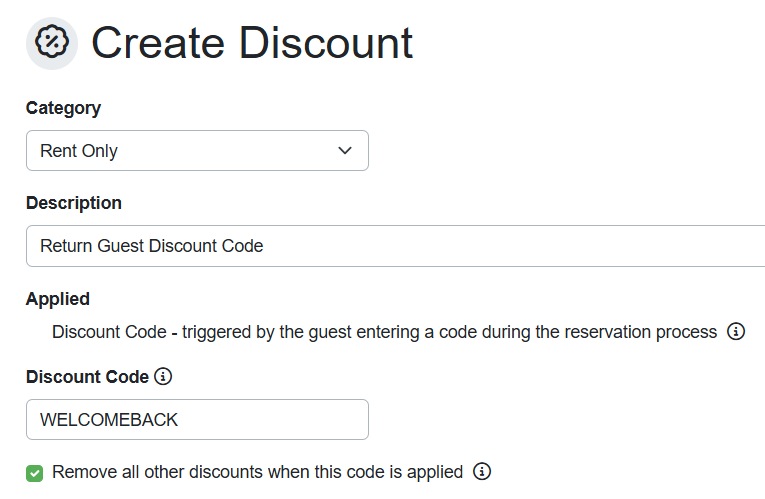 On the Create Discount page, select the Category, enter the Description, and the actual Discount Code. You can also optionally check the 