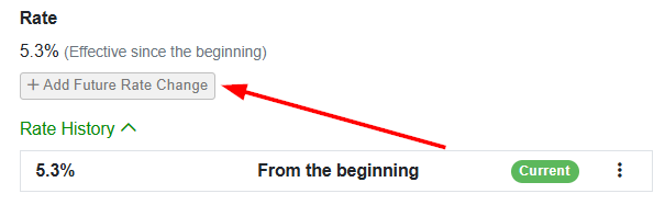 Edit your existing tax by clicking on the right kebab menu and selecting Edit > Channels > + Add Future Rate Change.
