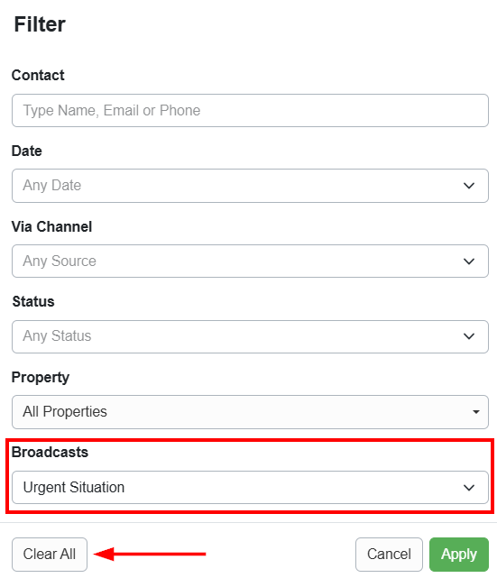 Individual filtered Broadcast messages will be displayed in the Inbox as usual. Click the Filter icon, then click Clear All at the bottom to clear the filter.