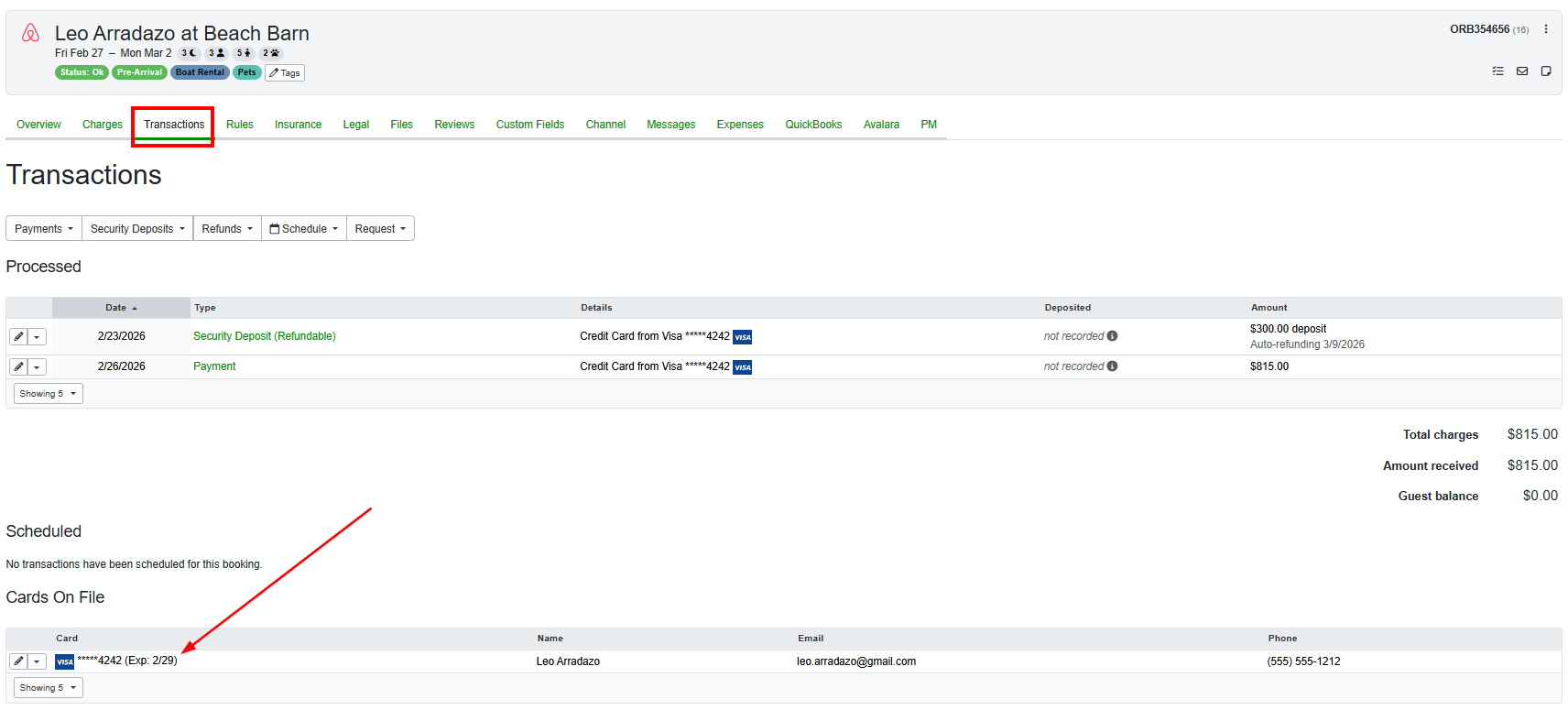 To delete a guest credit card, navigate to that specific Booking > Transactions > Cards on File > and click on the credit card you want to delete.