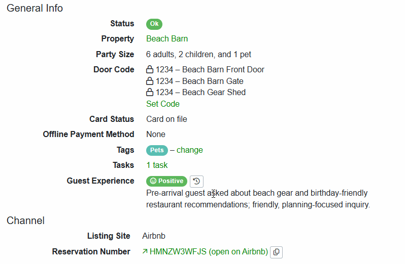 The Guest Experience summary and score are also shown in the specific Booking Overview > General Info > Guest Experience section, with a History available when hovered over.