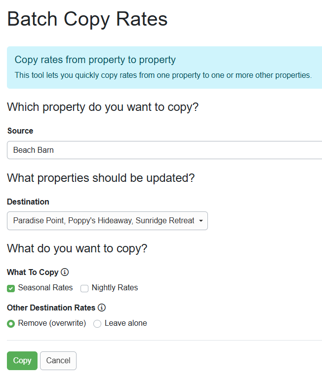 Below, we will batch copy rates from the Beach Barn (Source) property to our Paradise Point, Poppy's Hideaway, and Sunridge Retreat (Destination) properties.