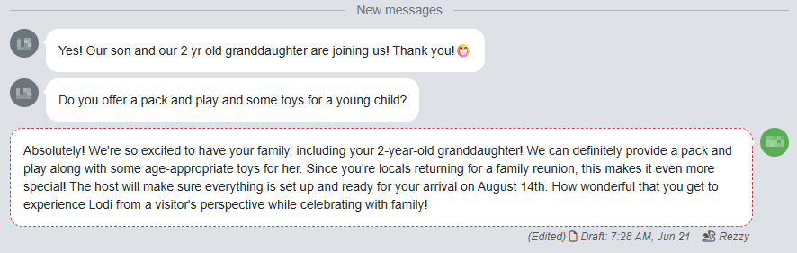 Rezzy AI can also generate tasks from Unified Inbox guest conversations. This guest is asking about a pack-and-play for an upcoming reservation in the Unified Inbox.