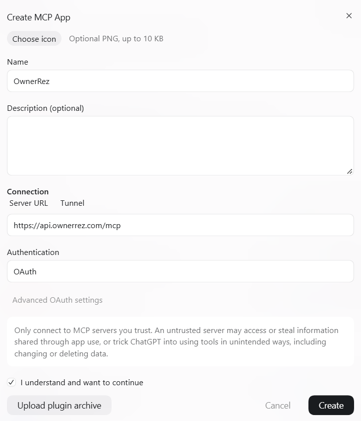 Add a name, enter the&nbsp;OwnerRez MCP URL https://api.ownerrez.com/mcpin the Server URL field, check the I understand and want to continue checkbox, and then click on Create.