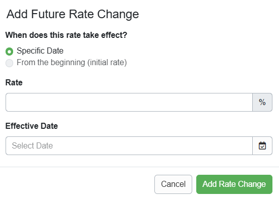 On the Add Future Rate Change pop-up, enter whether this change is from the beginning or starting on a specific date. If starting on a specific date, enter the new tax Rate and select the Effective Date for which a tax is collected.